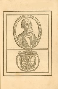 Porträt von Hernán Cortés mit seinem Wappen