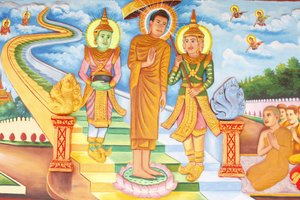 Preah Prom Rath Kloster: Leben Buddhas: Buddha besucht den Himmel und trifft die Götter Indra und Brahma, Siem Reap, Kambodscha von Unbekannt