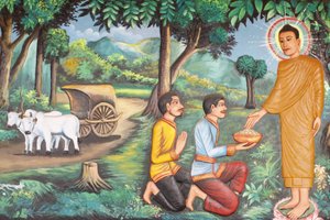 Preah Prom Rath Kloster: Leben Buddhas: Siddhartha Gautama erhielt Nahrung von zwei Brahmanen, Siem Reap, Kambodscha von Unbekannt
