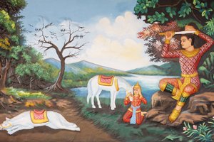 Preah Prom Rath Kloster. Leben des Buddha. Das große Tonsur: der Buddha schneidet sich mit seinem Schwert die Haare ab, dann tauschte er seine Prinzenkleider gegen ein Bettlergewand und begann seine Suche nach Erleuchtung von Unbekannt