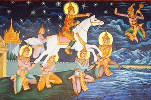 Preah Prom Rath Kloster, Siddhartha Gautama wanderte allein im Palast, Die einstigen Luxusgüter erschienen ihm nun grotesk, Siem Reap, Kambodscha von Unbekannt