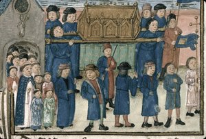 Prozession der Reliquien des Heiligen Nikolaus. Aus Livre de la confrérie Saint-Nicolas de..., Spätes 15. Jahrhundert von Unbekannt