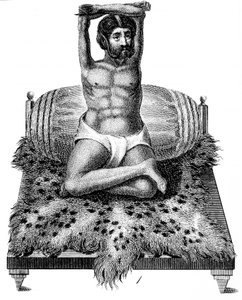 Purana Puri, hinduistischer Philosoph, hebt seine Arme über seinen Kopf, 1811
