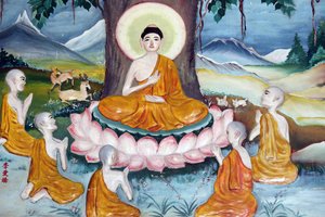 Quan The Am Bo Tat Tempel (Pagode des Avalokitesvara Bodhisattva). Shakyamuni Buddha predigt die Lehre - das Rad des Gesetzes - seinen fünf Jüngern. Vung Tau. Vietnam von Unbekannt