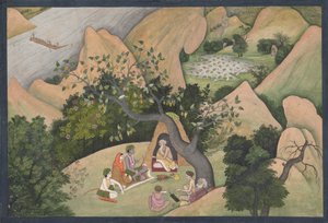 Rama, Sita und Lakshmana in der Einsiedelei von Bharadvaja: Illustrierte Folio aus..., ca. 1780