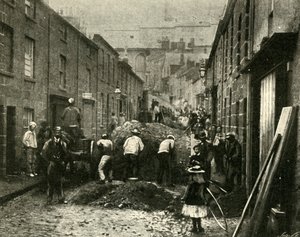 Entfernen von Trümmern, die durch eine Flut in St. Ives, 1901, heruntergebracht wurden