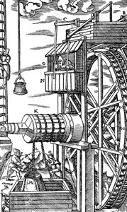 Umkehrbarer Aufzug zum Heben von Lederkübeln aus einem Minenschacht, 1556 von Unbekannt