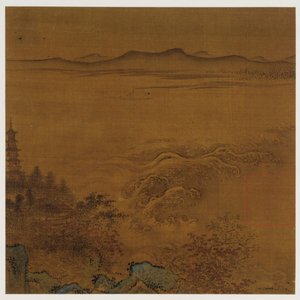 Flusslandschaft: eine Pagode, schäumende Stromschnellen, ferne Hügel, Ming-Dynastie, 1368-1644 von Unbekannt