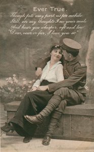 Romantische Postkarte mit einem Soldaten und seiner Geliebten, ca. 1914-18