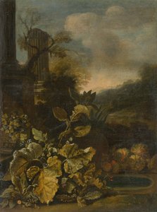 Romantische Landschaft mit Stillleben und antiker Säule
