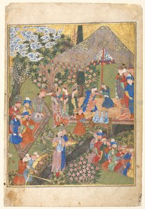 Königlicher Empfang in einer Landschaft, rechtes Folio aus einem doppelseitigen Frontispiz..., 1444