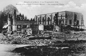 Zerstörte Kirche, Huiron, Frankreich, Schlacht an der Marne, Erster Weltkrieg, 1914 von Unbekannt