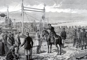 Russische Sträflinge unter militärischer Eskorte warten darauf, über den Fluss Jenissei, Sibirien, 1882, übergesetzt zu werden