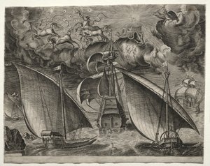 Segelschiffe: Zwei Galeeren segeln hinter einem bewaffneten Dreimaster mit Phaeton..., 1561-65