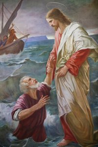 Kirche Saint-Grat. Gemälde. Petrus ging auf dem Wasser auf Jesus zu, aber er bekam Angst und begann zu sinken, und Jesus rettete ihn. Valgrisenche, Italien