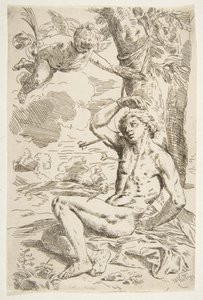 Heiliger Sebastian, mit Pfeilen durchbohrt und an einen Baum gebunden, Kopie nach Cantarini, ca. 1639 oder später von Unbekannt