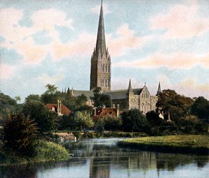 Kathedrale von Salisbury vom Fluss Avon aus gesehen, Salisbury, Wiltshire, frühes 20. Jahrhundert von Unbekannt