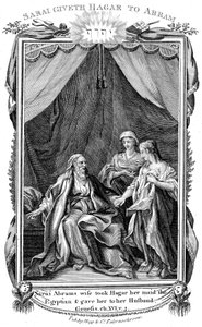 Sarah, Abrahams Frau, bietet Hagar, ihre Magd, ihrem Mann an, da sie unfruchtbar ist, um 1804