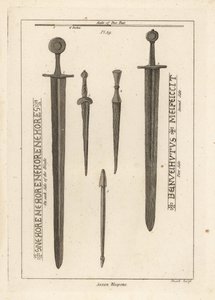 Sächsische Waffen: antikes Eisenschwert 1,2, und Dolche und Messer 3,4, gefunden im Fluss Wytham, Lincolnshire, und ein Armbrustbolzen, gefunden im Lager in Danbury, Essex 5
