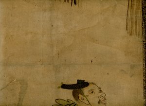Auf Rollbild montierte Malerei, die ein traditionelles japanisches 2-Mann-Komödianten-Team namens Manzai darstellt von Unbekannt