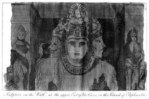 Skulptur an der Wand am oberen Ende der Höhle, Insel Elephanta, Indien, 1799 von Unbekannt
