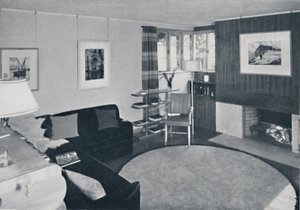 Sewall Smith. Wohnzimmer im eigenen Haus des Architekten in Niagara Falls, N.Y., in Türkis, Koralle