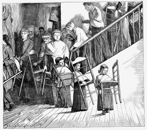 Shaker-Gemeinschaft geht zum Abendessen, jeder trägt seinen eigenen Shaker-Stuhl, New York, 1870 von Unbekannt