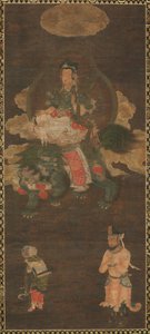 Shakyamuni-Triade: Buddha begleitet von Manjushri und Samantabhadra Bodhisattva mit Löwe, späte 1300er Jahre
