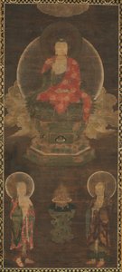 Shakyamuni-Triade: Buddha begleitet von Manjushri und Samantabhadra Buddha, späte 1300er