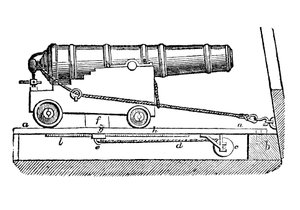 Schiffskanone auf Lafette. Holzschnitt, 1835