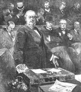 Sir William Harcourt kündigt den Rücktritt der Regierung von Lord Rosebery an, 1895, 1901