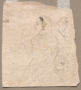Skizze einer Frau mit einem Elefanten und anderen Tieren auf der Rückseite, 1700er