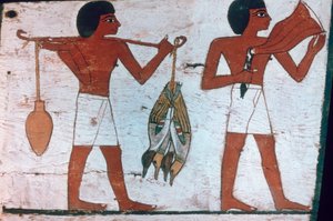 Sklaven tragen Opfergaben zu Osiris, Sarkophag der Dame von Madja, 18. Dynastie