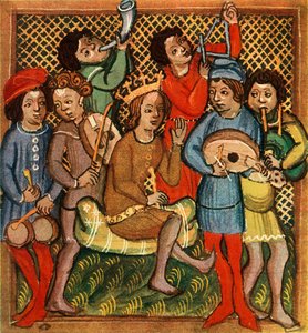 Kleine Trommeln, Geige, Horn, Triangel, Laute und Dudelsack, Olmützer Bibel, 1417, 1948