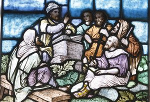 Buntglas: Abraham studiert die Tora mit dem Volk Israel, Budapest, Ungarn von Unbekannt