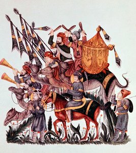 Fahnenträger, Trommler und Trompeter einer Sarazenenarmee, 13. Jahrhundert