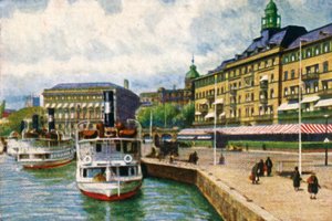 Dampfschiff am Kai beim Grand Hotel, Stockholm, um 1928