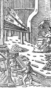 Stahlproduktion: eine Schmiede mit Blasebalg zur Erzeugung von Zugluft, 1556 von Unbekannt