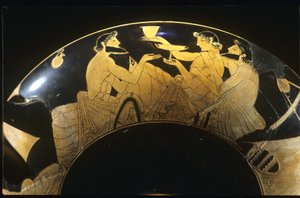 Symposionsszene auf einer rotfigurigen attischen Kylix, Weinkelch, 5. Jahrhundert v. Chr. von Unbekannt
