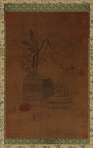 Wandteppich: eine Schale, zwei Krüge, Blumen und Früchte, möglicherweise Ming-Dynastie, 1368-1644