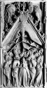 Der Altaraufsatz des Lebens der Jungfrau (Detail). Flachrelief von Jaume Cascalls (? -1378) 14. Jahrhundert Kirche Unserer Lieben Frau von Corneilla de Conflent (Ostpyrenäen)