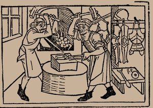Die Kunst des Schmiedens. Aus Speculum Vitae Humanae von Rodericus Zamorensis, 1479