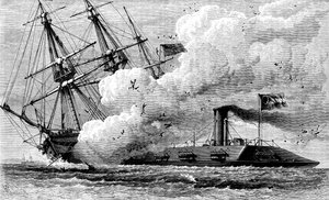 Der konföderierte Panzerschiff Merrimac versenkt die USS Cumberland, 1862, um 1880