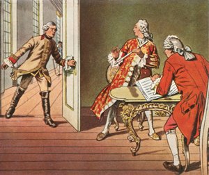Der Kronprinz und sein Musiklehrer werden während einer Flötenstunde unterbrochen, 1729, 1936 von Unbekannt