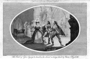 Der Earl of Essex legt seine Hand auf sein Schwert, als er von Königin Elizabeth geschlagen wird