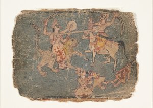 Die Göttin Durga erschlägt einen Feind, Seite aus einem verstreuten Markandeya Purana..., 1650-60 von Unbekannt