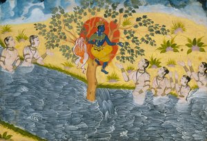 Die Gopis bitten Krishna, ihre Kleidung zurückzugeben, Seite aus einem Bhagavata Purana..., ca. 1610 von Unbekannt