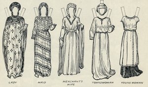 Die Große Galerie der britischen Kostüme: Verschiedene Kleider aus der normannischen Zeit, um 1934