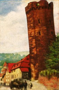 Der schiefe Turm von Dausenau, um 1928