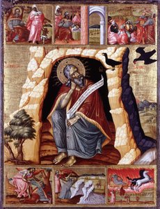 Der Prophet Elija in der Wüste mit Szenen aus seinem Leben